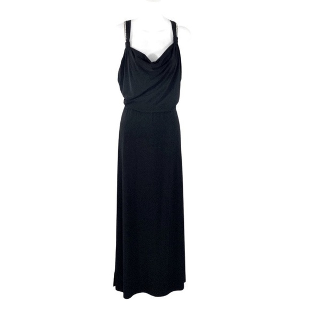 WHBM black gold chain strap blouson halter maxi dress V24